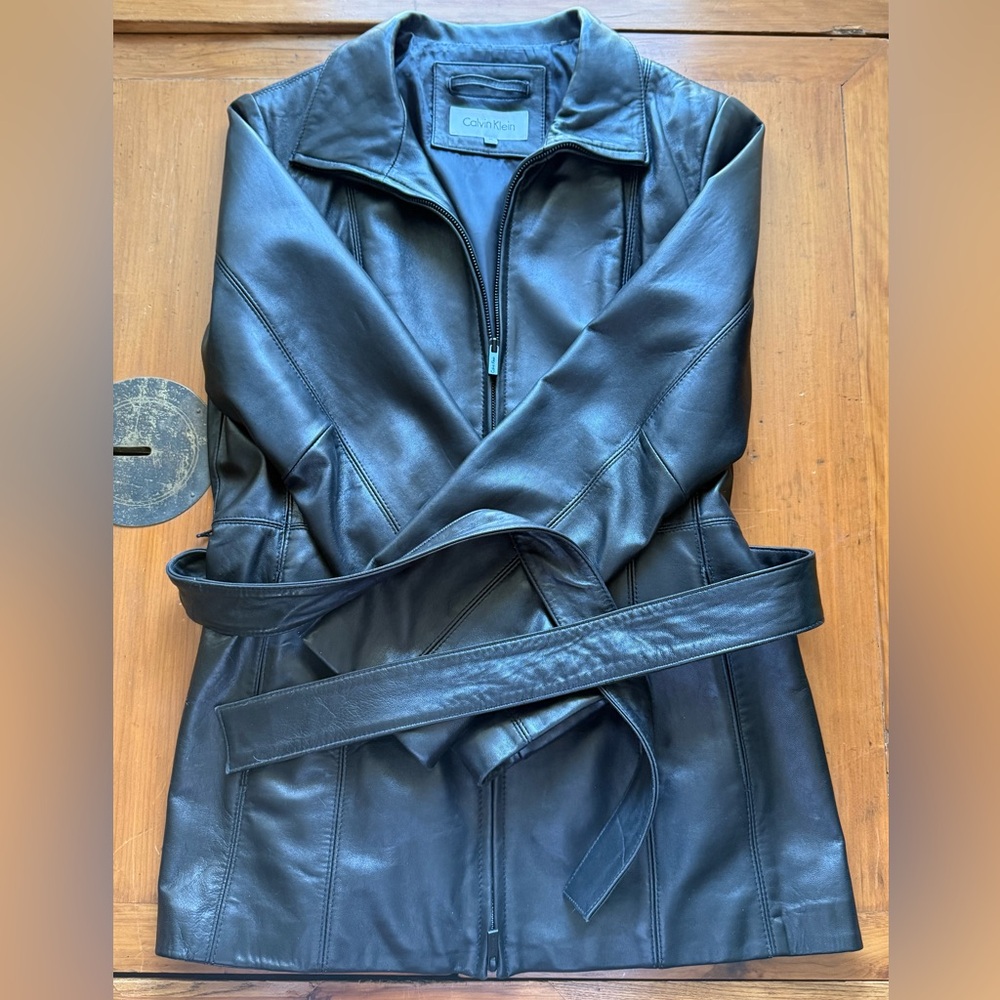 Calvin Klein Women's Black Butter soft Leather Belted Jacket Medium